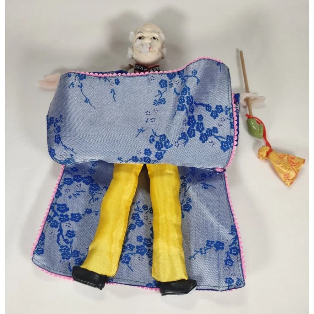 Vintage Hand Glove Puppet Male Figure In Blue With Stand